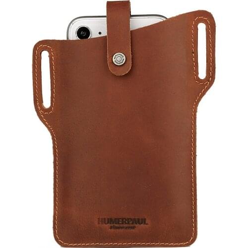 Genuine Leather Mens Belt Phone Bag Retro Crazy Horse Cowhide Phone Waist Bag