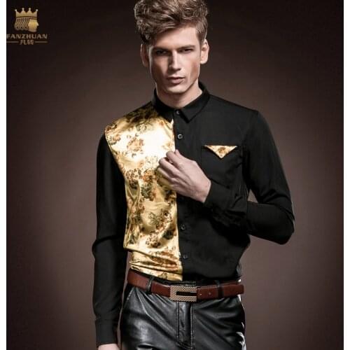 FANZHUAN Free Shipping New personality male Mens man Slim Stretch Autumn Palace Wind Stitching Print Dress Shirt 14203 clothing