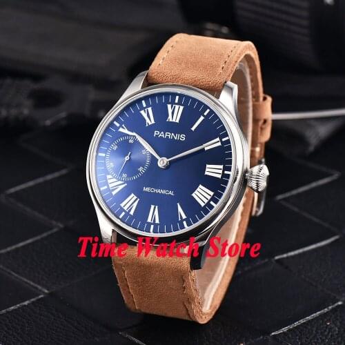 44mm Parnis 17 jewels 6497 hand winding mens watch luminous waterproof blue dial Roman numerals leather strap 794
