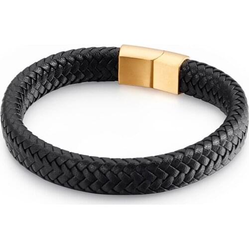 Stainless Steel Mens Leather Bracelet Classic Black Braided Leather Rope Magnet Buckle Bracelets Male Charm Jewelry