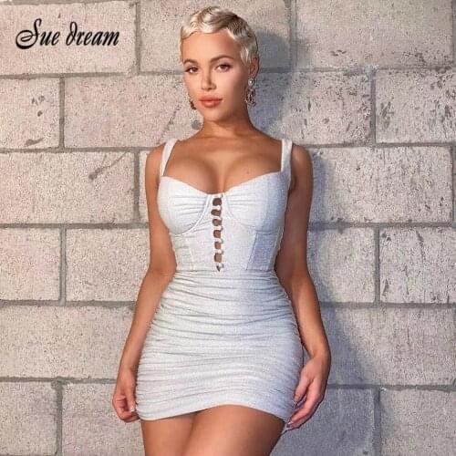 Sexy Spaghetti V-neck Hollow Button Decoration Bodycon Bandage Mini Dress Elegant 2021 Summer Club Party Dress vestido