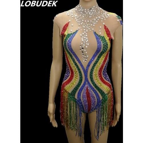 Rainbow Color Stripe Rhinestones Bodysuit Sexy See-through Crystals Tassels Catsuit Nightclub Women Singer Party Show DS Costume