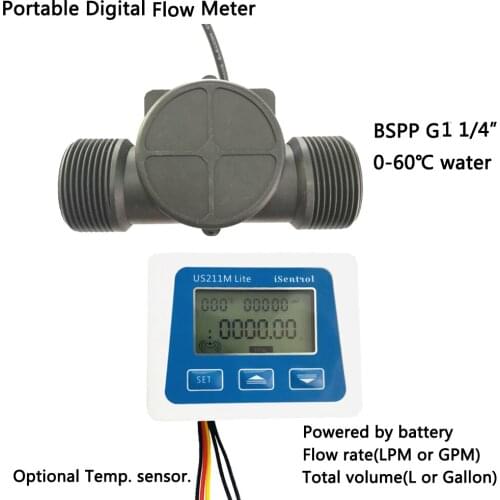 US211M Lite Portable Digital Flow Meter and USN-HS141TA 1-120L/min Water Sensor G1 1/4" PA66 Plastic iSentrol Zhongjiang YF-DN32