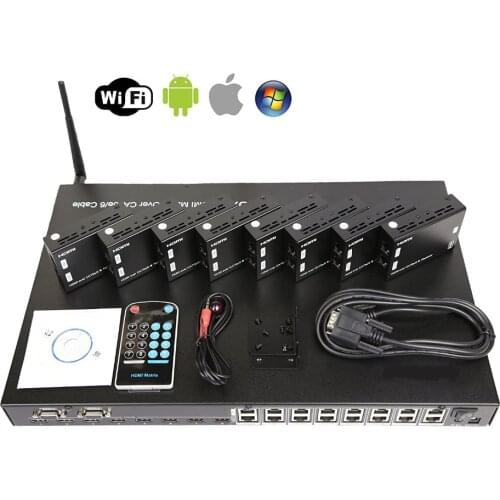 PUZHIJIE 8x8 HDMI Matrix with Full HD 8 Displays via 50M 30M Cat6 cable with EDID WiFi Control RS232 HDMI Switcher Splitter