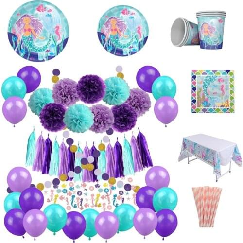 Mermaid Party Tableware Decoration Supplies Paper Plates Cups Napkins Straws Tablecloth Paper Pom Poms Tassel Garland