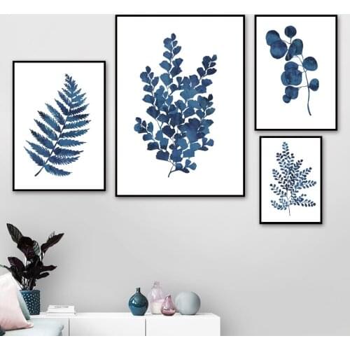 Self-adhesive Wall Stickers Blue Fresh Leaf Wall Art Plant Art Nordic Posters And Prints Wall Pictures For Living Room Decor