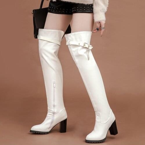 Ochanmeb Big Plus Size 49 50 Belt Buckle Over-the-knee Boots for Women High Heels Black White Long Tall Boots with Zipper Shoe