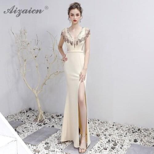 Sexy V-neck Mermaid Chinese Evening Dress Qipao Fashion Sequins Party Dresses Cheongsam China Split Qi Pao Women Oriental Style