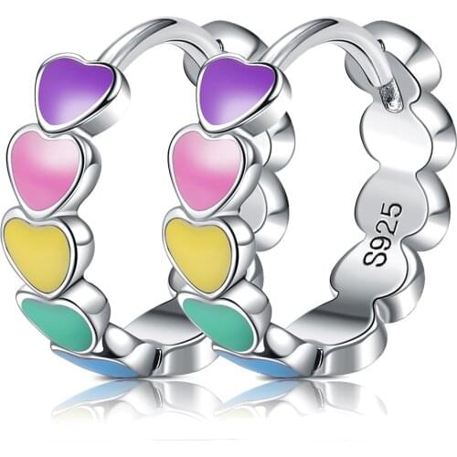 Genuine 925 Sterling Silver Earrings for Women Korean Rainbow Heart Enamel Heart Hoop Earrings Jewelry Accessories New Gift 2021