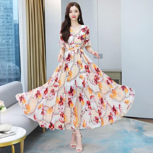 Summer Boho V-neck Chiffon Beach Maxi Dress Vintage Plus Size Short Sleeve Women Floral Print Elegant Party Dresses Vestido