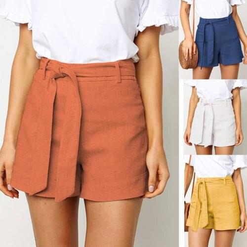 Solid Belt Knot High waisted Pleated Shorts Bermuda Fashion Pockets Cotton and linen shorts Street Casual Wear Basic Slim Шорты
