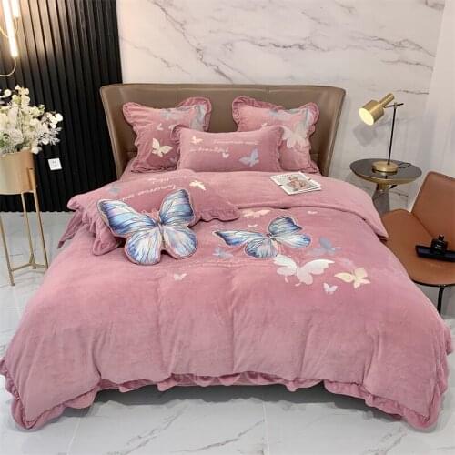 Super Soft 210g Coral Fleece Warm Cozy Butterfly Embroidery Bedding Set Velvet Duvet Cover Quilt Cover Comforter Set Bed Linen