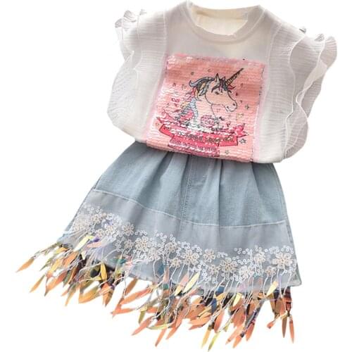 2021 Infant Baby Girls Cartoon Print Round Neck Top and Denim Skirt Two-piece Suit for Photography