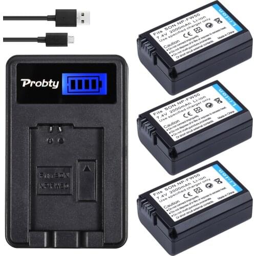 PROBTY 3Pcs 2000mAh NP-FW50 NPFW50 NP FW50 Battery + LCD USB Charger for Sony NEX-5 NEX-7 SLT-A55 A33 A55 A37 A3000 A5000 A6000