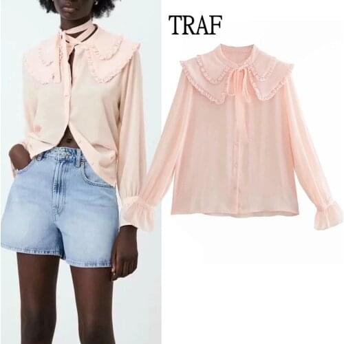 TRAF Za Top Womens Shirt 2021 Summer Elegant Ruffle Long Sleeve Pink Shirt Women Fashion Bow Office Loose Women Blouse Chic Top