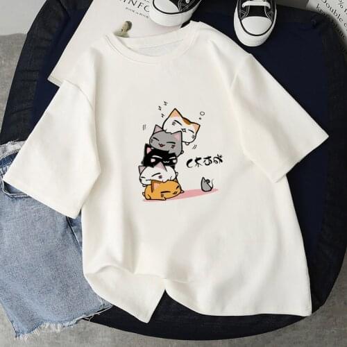 Female T-shirt cat cartoon print casual short-sleeved strawberry drink Harajuku graphic T-shirt top fashion women