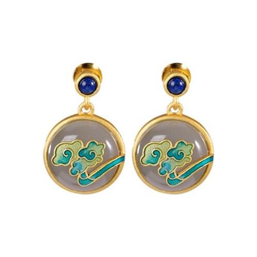 S925 sterling silver gold-plated cloisonne Hetian smoke mauve Jade stud earrings peace buckle earring pendant for ladies