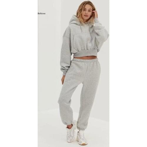 Women Two Pieces Set Easing and Velvet Hooded Fleece + Beam Leisure Haroun Pants Sports Suits Female