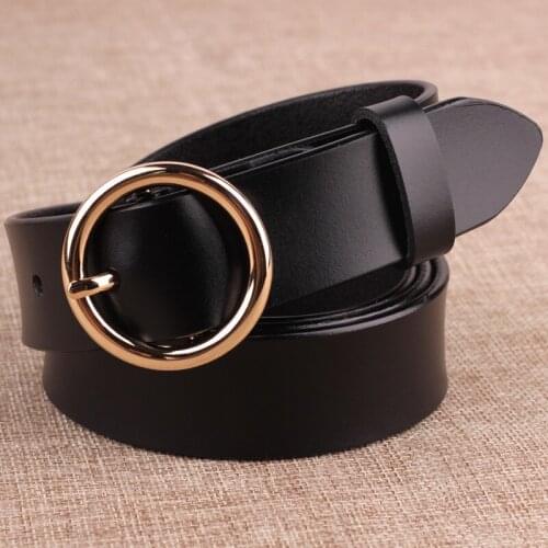 South Korea female wide belt cowhide leather black contracted joker ms leisure round pin buckle jeans with a belt