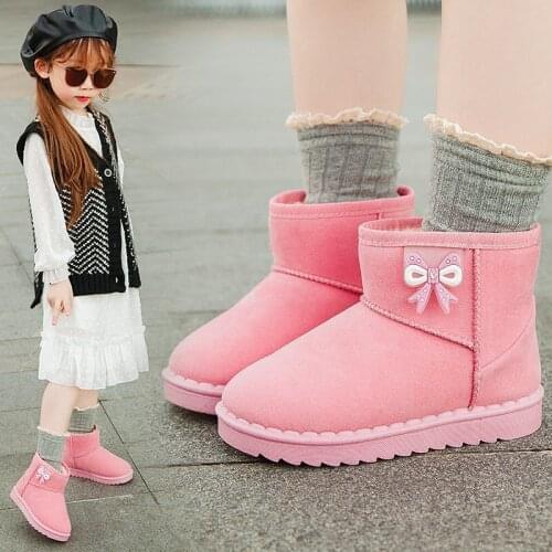 Girls Snow Boots Winter Warm Cotton Kids Rubber Boots Fashion Sweet Princess Children Ankle Boots with Bow-knot Anti-slippery