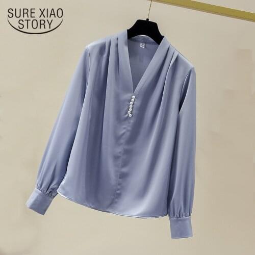 2021 Office V Neck Solid Women Blouse Autumn Long Sleeve Chiffon Shirts For Women Beading Pullovers Ladies Tops Blusas 11157