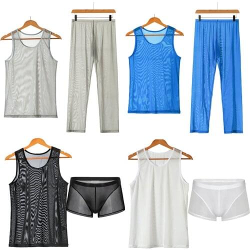 Men Undershirt Sets Sexy Mesh Fishnet Transparent Tank Tops Pants Shorts Underwear Sleepwear Tracksuit Breathable Sportwear Suit