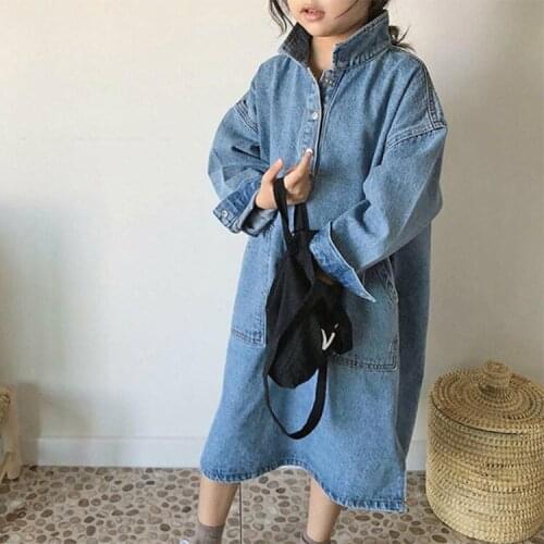 2020 autumn childrens clothing new girls fashion lapel slit loose denim dress