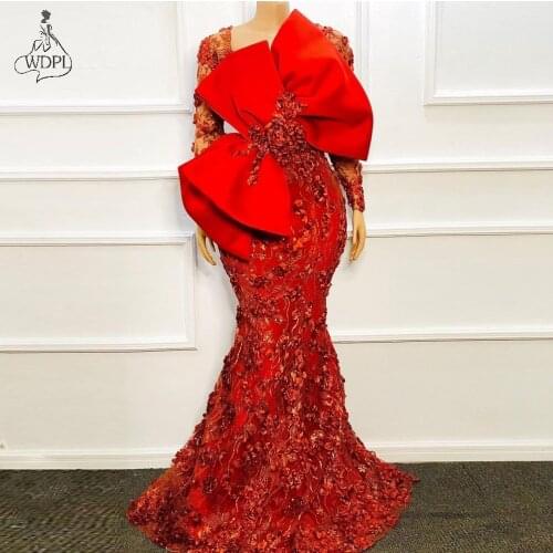 Exquisite Lace African Prom Dresses Plus Size Mermaid Long Sleeves Evening Dress Red Nigerian Formal Party Gowns Event Wear
