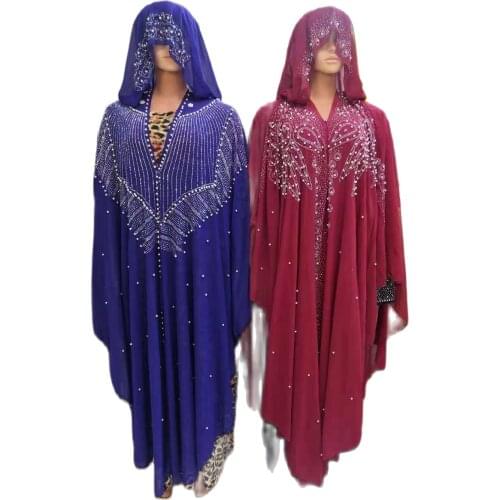 Classic New Style Dashiki African Clothing Abaya Muslim Geometric Hot Drilling Diamonds Hooded Loose Long Dress Free Size