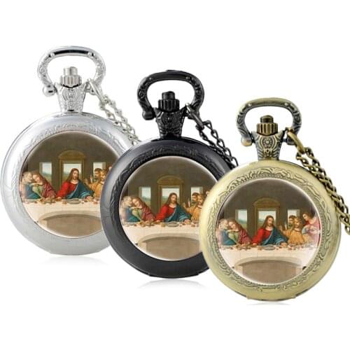Classic Christian The Last Supper Design Glass Cabochon Quartz Pocket Watch Vintage Men Women Pendant Necklace Chain Clock