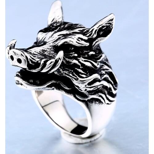 Stainless Steel Retro Animal Viking-Wild Boar Head Ring Men Fashion Metal Funny Rings Accessories Party Jewelry