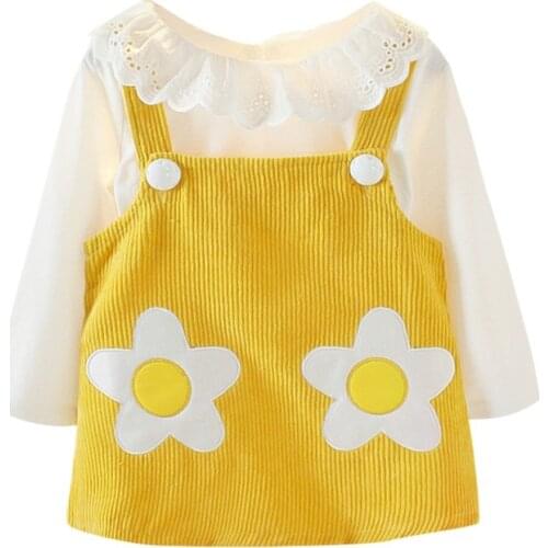 Kids Clothes Set Girls Cute Long Sleeve Shirt Lace Tops+Print Strap Skirt 2-7T Baby Girl Sweet Dress Children Princess Clothing