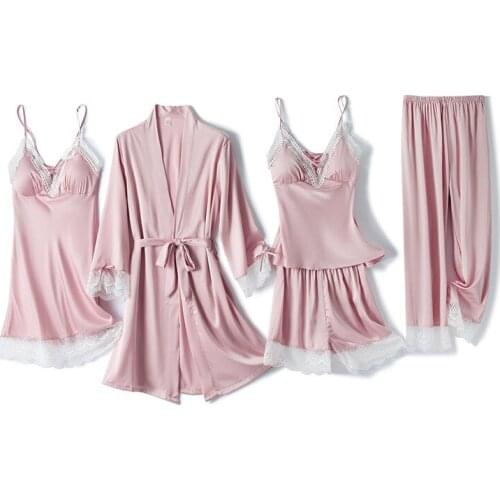 5PCS Sexy V-Neck Lace Floral Trim Lady Robe Gown Sets Kimono Bathrobe Nightdress Suspender Skirt Pajamas Sleep Suit Home Clothes