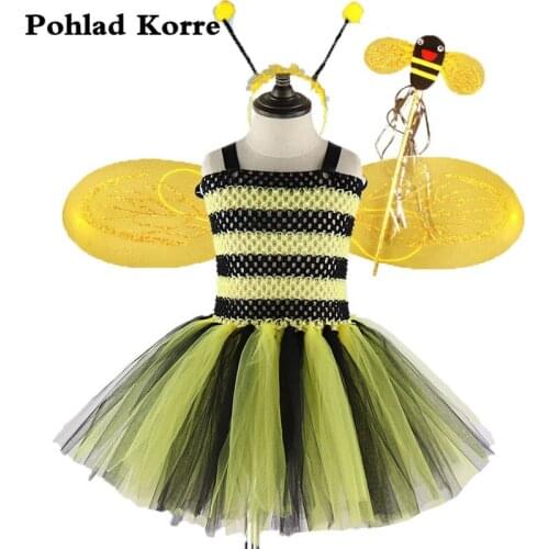 4 Pcs Children Yellow Bee Costume Set Cute Girls Tutu Dress With Wings Birthday Party Dresses Kids Halloween Costume Cosplay XX0