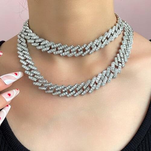 Hip Hop Square Baguette Thick Cuban Necklaces Jewelry Bling Crystal Buckle Curb Cuban Link Choker Chunky Metal Chain Necklace
