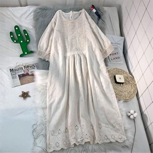 Summer Japanese-Style Cotton Hook Flower Lace Embroidery Dress Solid Color Cotton Female Dress