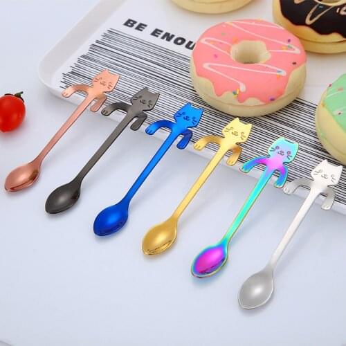 4 Colors Cute Cat Coffee&Tea Spoon Mini Long Handle Creative Spoon Drinking Tools Kitchen Gadget Stainless Steel Tableware Spoon
