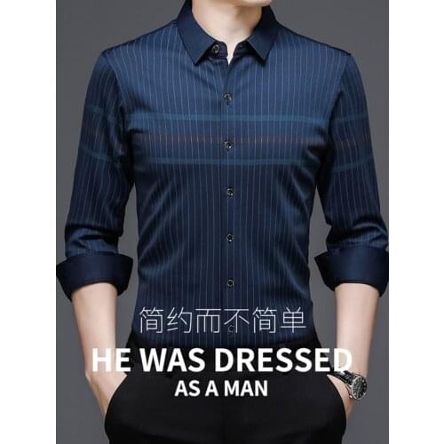 Mens Long Sleeve 2021 Mens Stripes Cool Jacket Dress Shirt Slim Commercial Elastic Anti-wrinkle Professional Work Shirt Mens