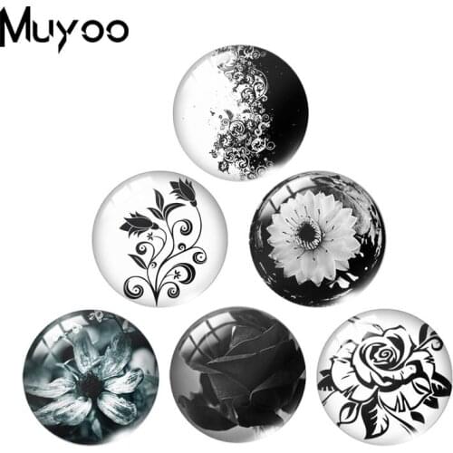 2019 New Black White Flower Photo Cucoloris Glass Dome Cabochon Art Round Cabochons Handmade Photo Jewelry