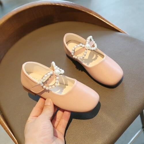 2021 New Spring Girls Shoes Fashion Wild Bow Cute Crystal Shoes Girls Sweet Pearl Princess Students Performance Shoes E364