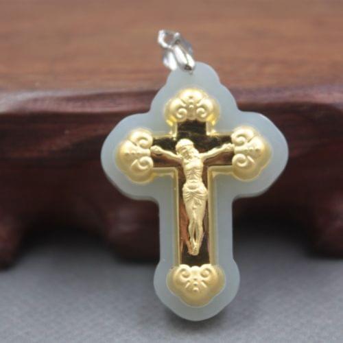 New Natural Nephrite 999 24k Yellow Gold Lucky Cross Jesus Pendant 37x27mm