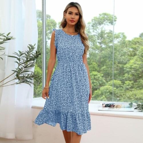 Country Style O-Neck Ruffles Dress Women Summer Flying Sleeve Mid-Waist Pullover Dresses Blue Elegant Casual Commute Clothing