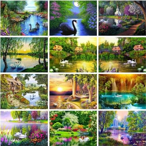 HUACAN Full Square/Round Diamond Painting Nature Mosaic Landscape 5D Diamond Embroidery Swan Handicraft Home Decor