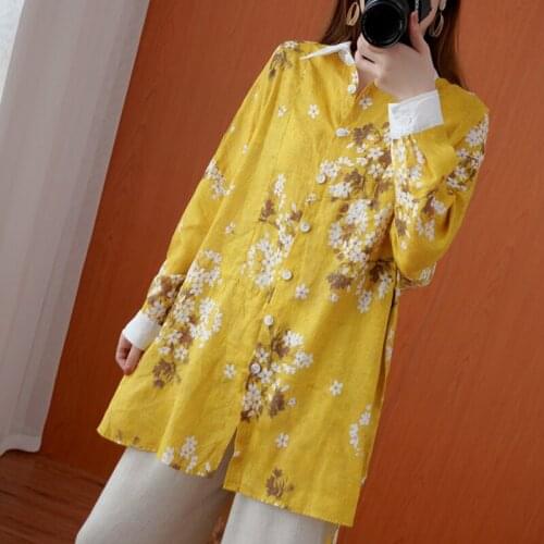QPFJQD Flower Printed Cotton Linen Shirt Plus Size WomenS Contrast Color Lapel Side Slit Irregular Long-Sleeved Floral Blouse