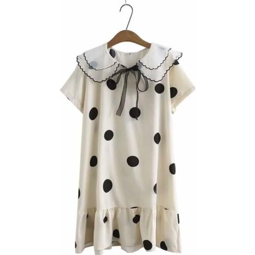 Plus Size Womens Beige Black Polka Dot Printed Summer Dress Ladies' A-line Elegant Midi Drsses Vintage Vestidos