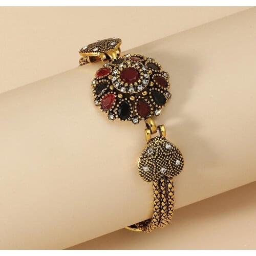 Retro Exaggerated Personality Faux Gemstone Flower Golden Bracelet Bangle Gift
