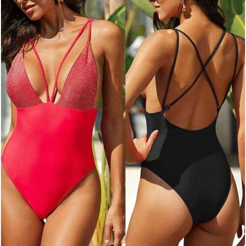 Sexy Stitching Solid Color Gold Glitter Silk One-Piece Swimsuit V-Neck Siamese Bikinis Swimsuit Womens Sexy Cross Back Swimwear