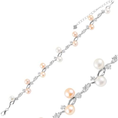 Silver 925 Sterling Pearl & Zircon Crystal Bracelet