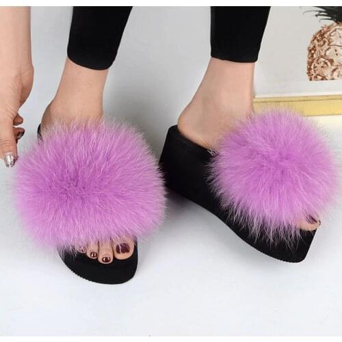 COOLSA New Womens Real Fox Fur Sandals Lady Fluffy Slides Casual Furry Flip Flops Woolen Plush Slippers Platform Shoes