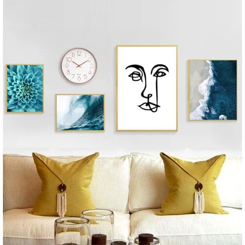 Scandinavian Art Room Decoration Picture Ocean Waves Blue Flower Wall Sea Beach Landscape Canvas Print Nordic Painting